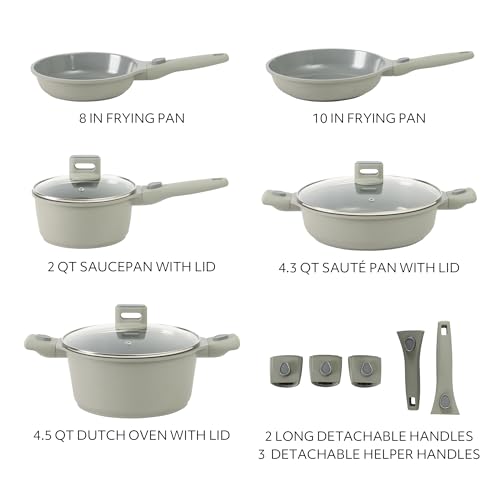 Sur La Table Kitchen Essentials 13 Piece Detachable Handle Pots and Pans Premium PFA Free Premium Ceramic Non Stick Induction Safe and Secure Removable Handle Cookware Set - Juniper Green - Image 3