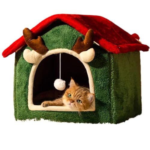 Fiozwea クリスマスキャットベッド、冬も暖かい、半密閉型、クリスマス犬用ベッド、防寒キャットハウス、ふかふかのテント、冬も暖かい、滑り止め、耐摩耗性、形状保持 (A,L)