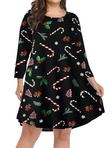 BELAROI Womens Plus Size Christmas Dress Casual Swing 3/4 Sleeve Candy Cane Print T Shirt Loose Tunic Dresses with Pockets (5X, Flower115)