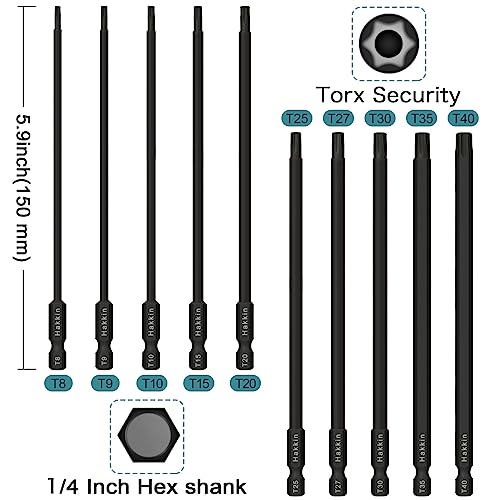 Long Torx Bit Set Hakkin 10Pcs 150mm Tamper Proof Security Torx Bits S2 Steel 1/4” Hex Shank Magnetic Impact Star Bit Set T8 T9 T10 T15 T20 T25 T27 T30 T35 T40 - Image 3