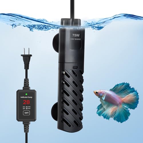 HUIZHOU 水槽 ヒーター 水中用 ミニヒーター,LED ディスプレイ,温度15度〜34度可調節, 省エネ 防水 ヒーター, 縦横設置,石英防爆ガラス セーフカバー 吸盤付き, 熱帯魚 観賞魚 淡水海水両用 120L以下の水槽適用 (75ワット)