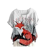 MARSVOVO Fox Shirts for Women Red Fox Print Loose Fit Crew Neck Button Down Plus Size Short Sleeve Blouses for Women,2XL