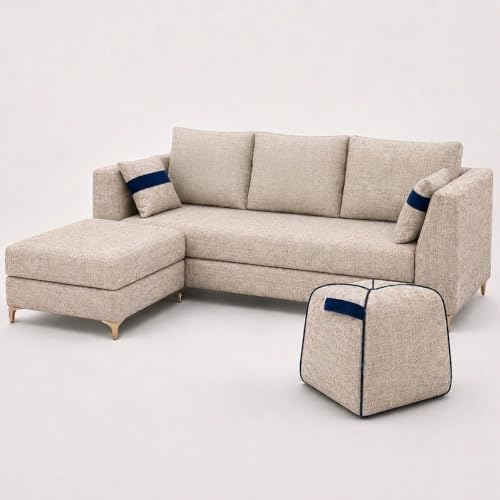 Image of FURNY Signature Cresta 5-Seater L-Shape Sofa Set with Movable Ottoman & Suri Pouf | Flexible LHS /RHS Layout | Boucle Weave Fabric | 40D Foam + Zigzag Spring | 3-Yr Warranty (Sandstone Beige)