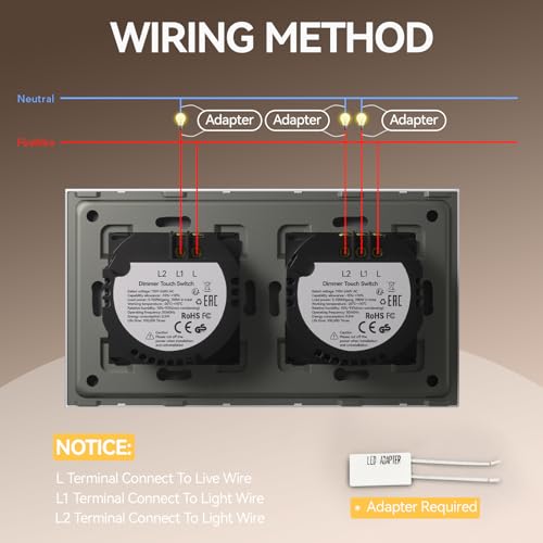 BSEED DimmSchalter für LED-Lampen, Touch Lichtschalter aus Glas, Non-wifi Schalter 240V für eine perfekte Listimmungsvolle, 1 Fach 1 Weg mit 2 Fach 1 Weg Weiß