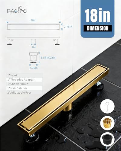 Image of 18 Inch Brushed Gold Linear Shower Drain | CUPC Certified 2-in-1 Tile Insert for Curbless Showers. 304 Steel, 15.8GPM Flow. Includes Hair Catcher & Adjustable Feet.
