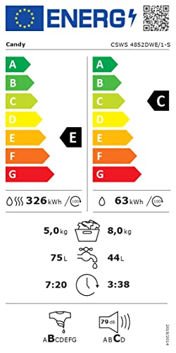 Candy CSWS 4852DWE/1-S Lave-linge séchant Smart - Pose libre, 8+5 kg, 1400 tr/min, Fonction vapeur, NFC, Cycles rapides, Blanc, Classe E