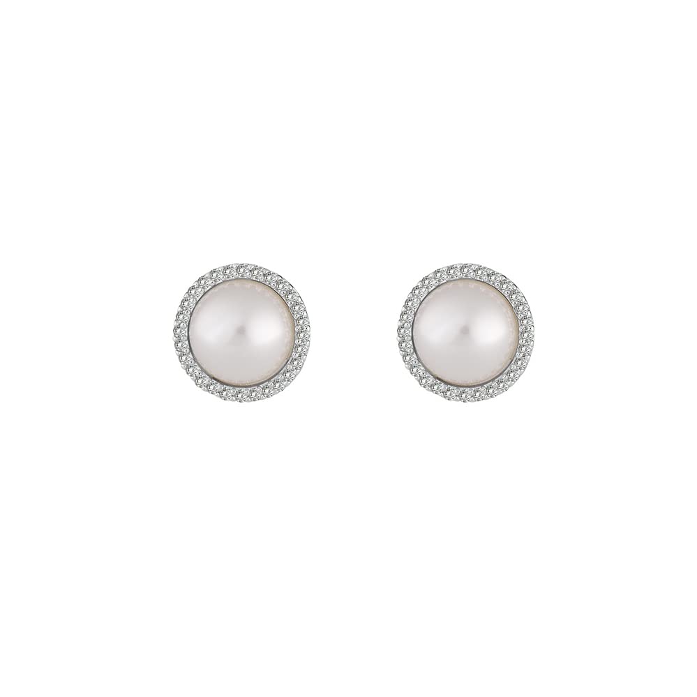Silver Plated Brass CZ Halo 12mm Simulated Pearl Stud Earrings with English Lock2