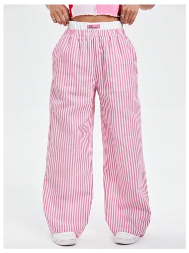 Verdusa Women's Striped Elastic High Waist Loose Wide Leg Pants with Pockets3
