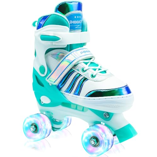 SMOOJOY Roller Skates for Girls Kids Boys,4 Size Adjustable Indoor Outdoor Green Quad Rollerskates with Light up Wheels for Beginners Ages 6-12