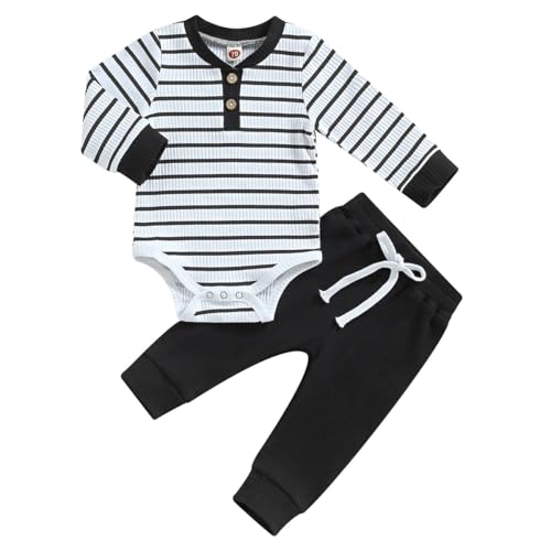 LUVCES Conjunto Ropa a Rayas Mono para Bebés Niños Manga Larga Mamelucos Pantalones con Cintura Elástica 2 Piezas Conjuntos de Otoño Primavera 2Pcs Rayas negras 3-6 Meses