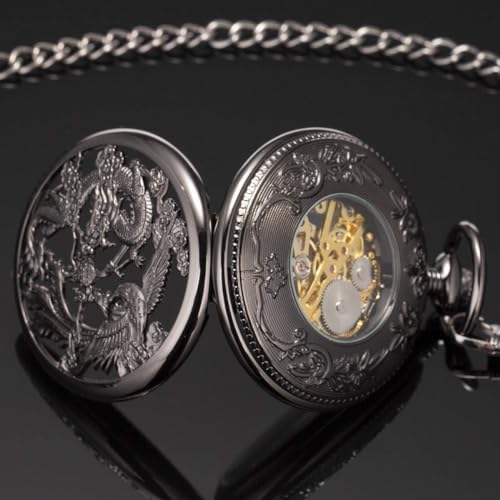 SIBOSUN-Antique-Phoenix-and-Dragon-Skeleton-Pocket-Watch-Mens-Mechanical-Black-Half-Hunter-Hand-Wind