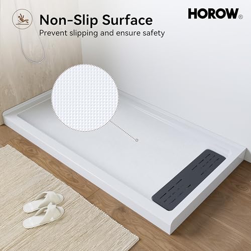 Image of HOROW Shower Base 60 inch x 32 inch, Right Drain Single Threshold Shower Base in White with Efficient Drainage, Non-Slip, Stainless Steel Cover, Small Rectangle Acrylic Shower Pan for Bathroom