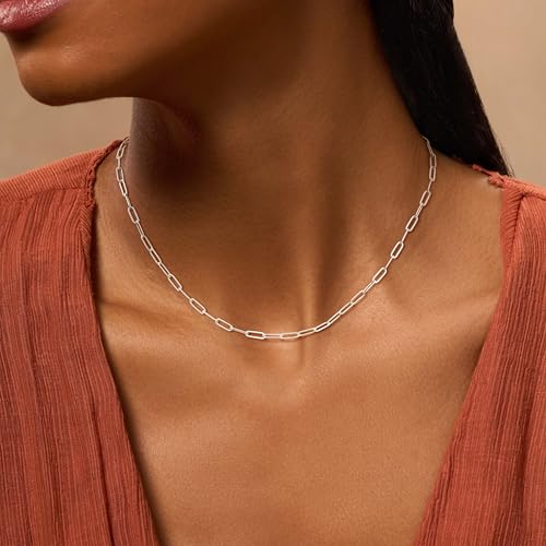 Silver Paperclip Chain Necklace for Women, Dainty Silver Choker Necklaces for Women Trendy Simple Long Minimalist Waterproof Link Necklace Jewelry Gifts for Women 16/18/20 in2