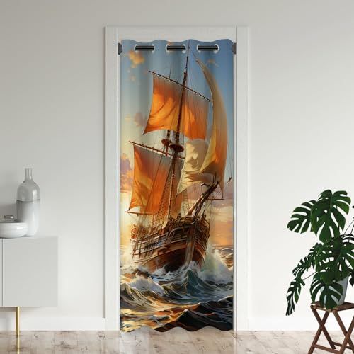 Nautical Door Curtains for Doorways, Pirate Ship Sailboat Sailing Adventure Ocean Blackout Curtain for Kids Bedroom Closet, Grommet Thermal Insulated Privacy Door Drapes for Room Divider, 34