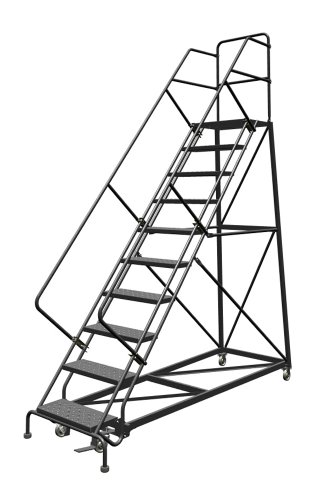 Image of Tri-Arc KDEC109246 9-Step Forward Descent Safety Angle Steel Rolling Industrial and Warehouse Ladder with Perforated Tread, 24-Inch Wide Steps