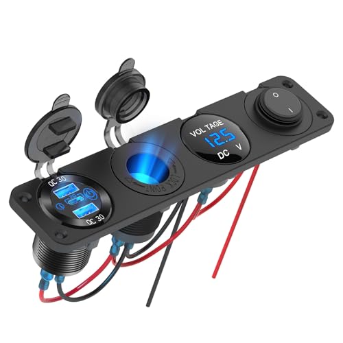 4 i 1-12V USB-uttag RV-tillbehör Marin strömbrytare Panelkontakt, PD3.0 och dubbel QC3.0 bil-USB-port Aluminiumladdare, upplyst 150W cigarettändaruttag, blå LED-voltmeter och vippströmbrytare DIY-kit