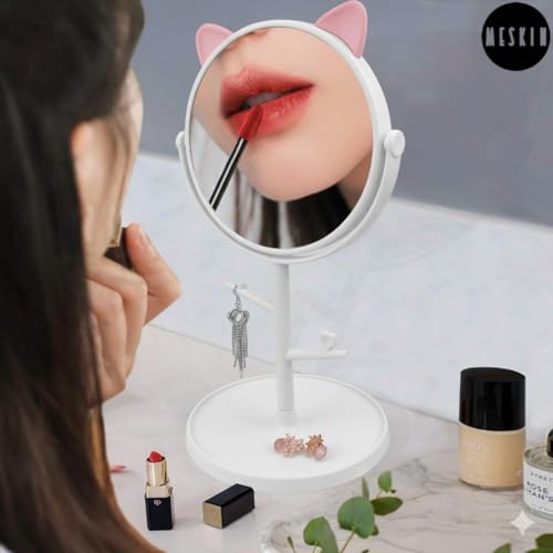 Image of MESKIN Cute Cat Ear Vanity Makeup Mirror with Storage Tray and Jewelry Holder Stand, 360 Desktop Swivel Dressing Table Mirror for Girls, Teens, Dorm Room, Bathroom Mirror (Pack of 1, White)