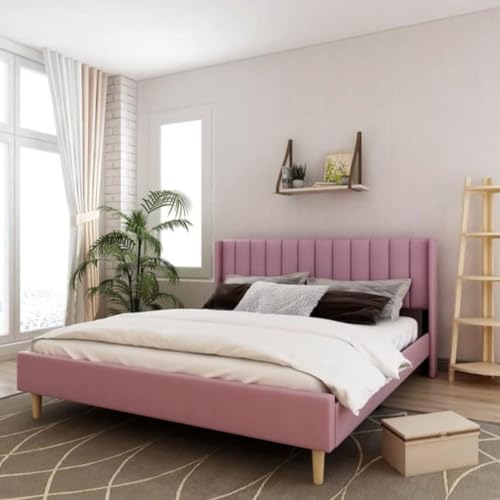 Image of Low Profile Upholstered Platform Bed with Winback Headboard | Bed Queen Size | Bed for Bedroom, Living Room | Bed Without Storage | Mattress not Included | Fabric Color:- Pink