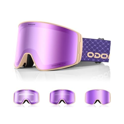 Odoland Skibrille Selbsttönend für Sonnige und Bewölkte Tage, Anti-Nebel Snowboard Brille für Herren Damen, UV-Schutz Ski Goggles, Schneebrille Photochrom Lila (Lila Rahmen)