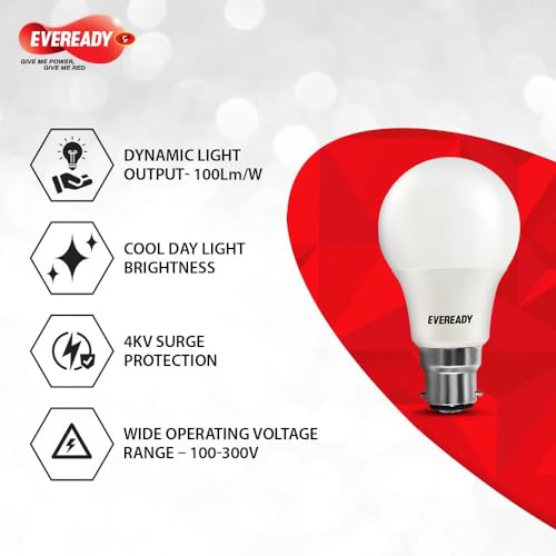 Image of Eveready 18W LED Bulb | 1800 Lumen | 4KV Surge Protection | Long Life & Low Maintenance | BIS Certified | 1 Year Warranty | 100 Lumens Per Watt | Cool Day Light (6500K) | B22 | Pack of 2
