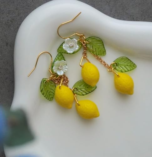 Lemon Earrings for Women, Strawberry Earrings for Women, 925 Sterling Silver Hypoallergenic Dangling Cute Fun 3D Acrylic Leaf Flower Raspberry Banana Fruit Food Drop Dangle Jewelry Accessories4