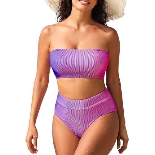 Pink Queen Women High Waisted Bikini Set Removable Strap Ribbed 2 Piece Bandeau Swimsuits Bathing Suit Bright Rose Medium