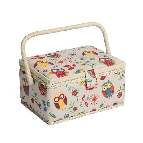 Hobby Gift Costurero mediano exclusivo, caja de almacenamiento para manualidades, bandeja para accesorios, alfiletero, mango de PVC, 18,5 x 25,5 x 14,5 cm, búhos