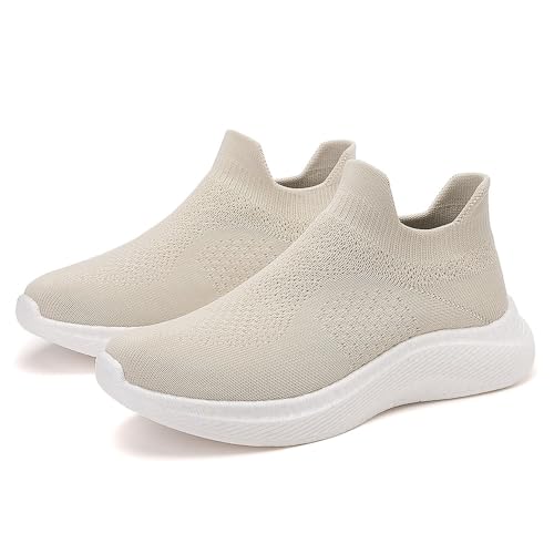 Image of RUIDENG Walking Shoes for Women Nurse Slip Resistant Work Running Sneakers Loafers Platform Sneakers Comfortable Weight Light Beige