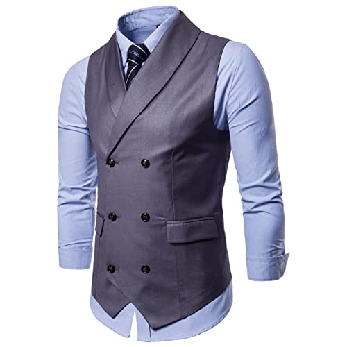 Business Double Breasted Suit Vest, Black and Gray Lapel Casual Formal Groomsmen Dress Waistcoat for Wedding Prom Banquet (Color : Gray, Size : Large)2