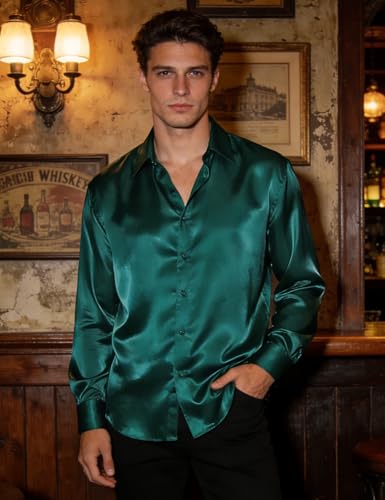 Image of Hi-Tie Men's Silk Satin Dress Shirts Long Sleeve Shiny Casual Button Up Shirts Luxury Party Disco Prom Wedding Shirt