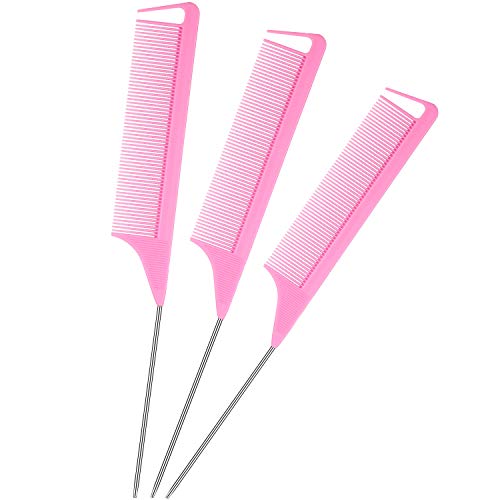 3 Pieces Parting Comb for Braids Rat Tail Hair Comb Steel Pin Carbon Fiber Teasing Combs with Stainless Steel Pintail (Pink)
