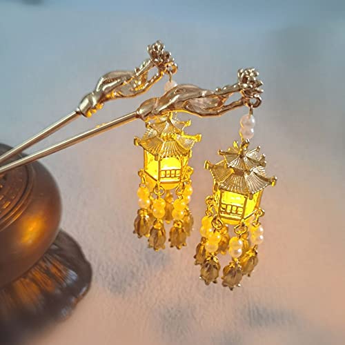 BYBYCD Retro Women Glow Hairpin Alloy Pavilion Pendant Girl Hair Accessories Hanfu Hair Sticks Ancient Style Hairpin Chinese Style Headwear(E Blue Light) - Image 6