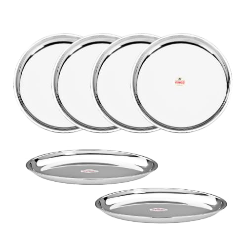 Vinod Stianless Steel China Dish – Serving Dish / Salad Plate / Snack Plate, Set of 6 Pieces, Diameter 25 cm, Smokey Grey, Medium (VINODCHINADISH256)
