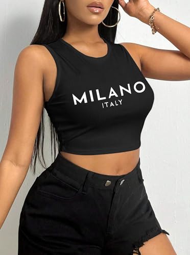 Hilinker Women's Summer Tank Tops Sleeveless Letter Graphic Printed Ribbed Knit Basic Crop Cami Tops Shirt4
