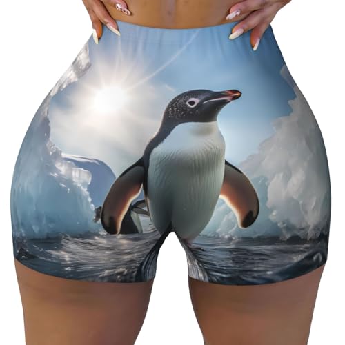 Penguin-Watching Pattern Sports Shorts, high Elastic Slim Fitness Pants, Suitable for Yoga/Leisure/Daily wear