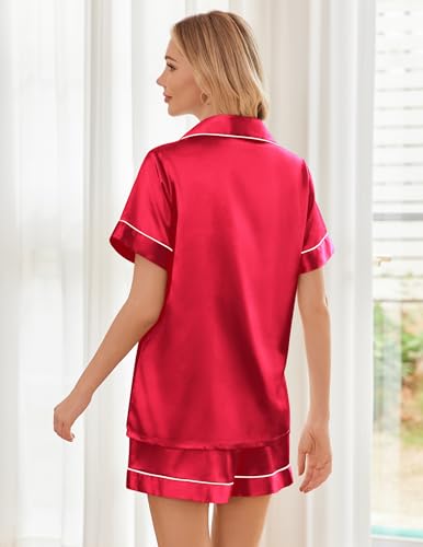 Image of Ekouaer Womens Silk Satin Pajama Sets Soft Short Sleeve Button Down Sleepwear Top and Shorts 2 Piece Pjs Lounge Set