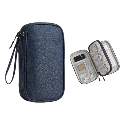 Orirya ガジェットポーチ 大容量 小物収納ケース 2層式 ケーブル収納バッグ トラベルポーチ 撥水 コンパクト ストラップ付き 出張 旅行用 持ち運び便利 仕切り付 モバイルアクセサリー 整理ポーチ 20×11×4.5cm ブルー