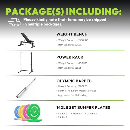 Image of HANDBODE Squat Rack, 7ft Barbell, Weight Bench, Weight Plates Set 140 lb, Home Gym Equipment, Silver