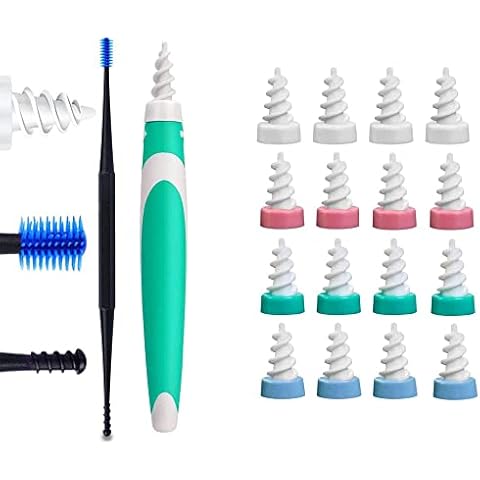 QASIMOF Q Grips Ear Wax Remover Kit,Soft and Safe Ear Cleaner, Spiral Silicone Ear Wax Picker with Washable 16 Replacement Heads, Ear Wax Cleaning Tool for Adult and Kids, Blue Cover