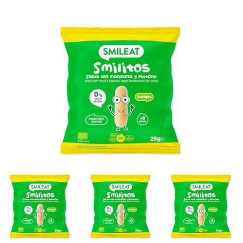 Smileat | Bolsas de Smilitos Ecológicos para Niños | Gusanitos Saludable de Maíz | Sabor Plátano y Manzana | Snack Saludable de Maíz | Alternativa de Merienda Infantil Sana | 1 x 25 g (Paquete de 4)