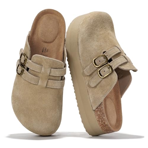 Project Cloud 100% Genuine Leather Clogs for Women - Wedge Womens Clogs Platform Sandals with Memory Foam Insole - Heeled Mules for Women 2025 (Stephi, Nude, 8)