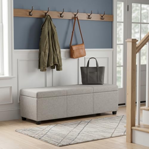 Image of SIMPLIHOME Avalon 54 inch Wide Linen Look Fabric Storage Ottoman in Cloud Grey