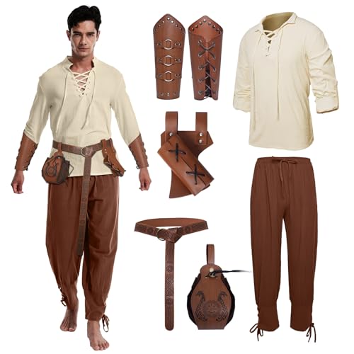 PORJDN Mittelalter Kleidung Herren Set wikinger kostüm mit Herren Mittelalterliches Piraten Mittelalter Hose mit Männer Armschützer Ritter Gürtel Retro-Piraten-Goldmünzenbeutel (Weiß Braun L)