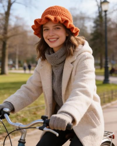 Image of Women Crochet Bucket Hat Cute Winter Ruffled Brim Floppy Cap Handmade Knit Cloche Hats