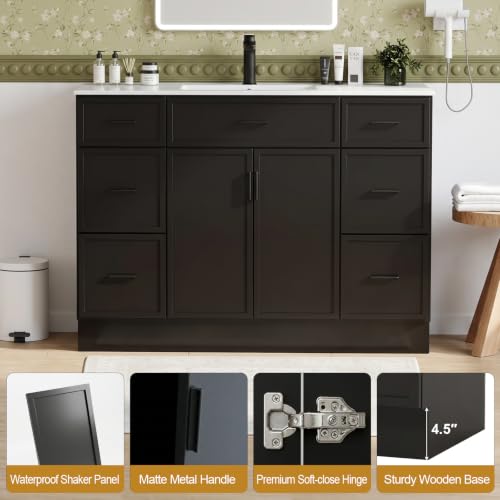 Image of 48 Inch Bathroom Vanity with Sink and Countertop, Modern Farmhouse Bathroom Vanity Cabinet with Soft Close Doors & 6 Drawers, Freestanding Single Sink Bathroom Storage Cabinet, Black