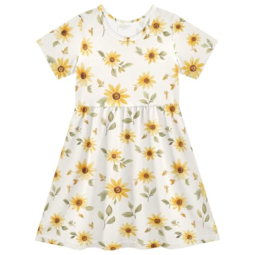 Sunflowers Girls Dresses Short Sleeve Casual Midi Sundress for Kids