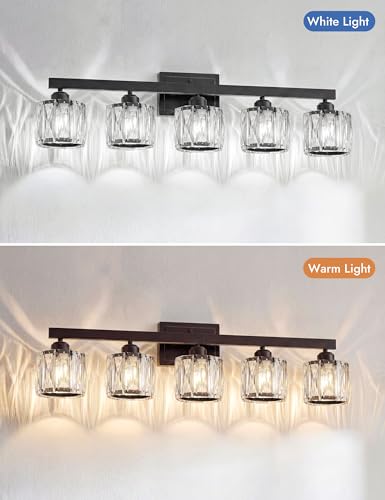 Image of VOLISUN Crystal Vanity Lights for Bathroom, 5 Light Bathroom Vanity Light, Modern Matte Black Bathrooms Light Over Mirror, Black Bathrooms Lights Fixtures-UL Certificated(Exclude Bulb)