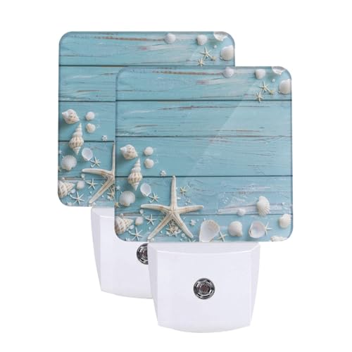 Image of Seashell Night Light Plug-in LED Lamp Set of 2, Dusk to Dawn Auto Sensor Summer Beach Board Nightlights 2 Pack