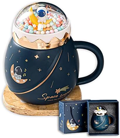 DRAMLOR Ceramic Astronaut Mug, 15OZ Astronaut Cups Kawaii Space Ceramic Mug with Lid and Spoon, Kawaii Coffee Cup Space Mug with Gift Box for Children, Friends and Family (Dark blue)