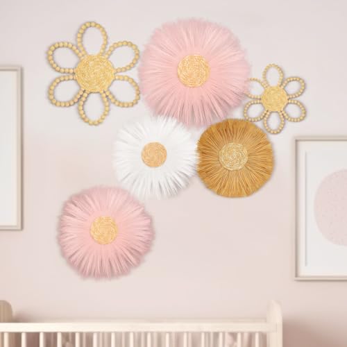 Image of Soaoo 6 Pcs Boho Nursery Decor for Girl Daisy Flower Woven Macrame Wall Hanging Bohemian Nursery Wall Decor Flowers for Baby Girls Kids Dorm(Pink, White, Beige)
